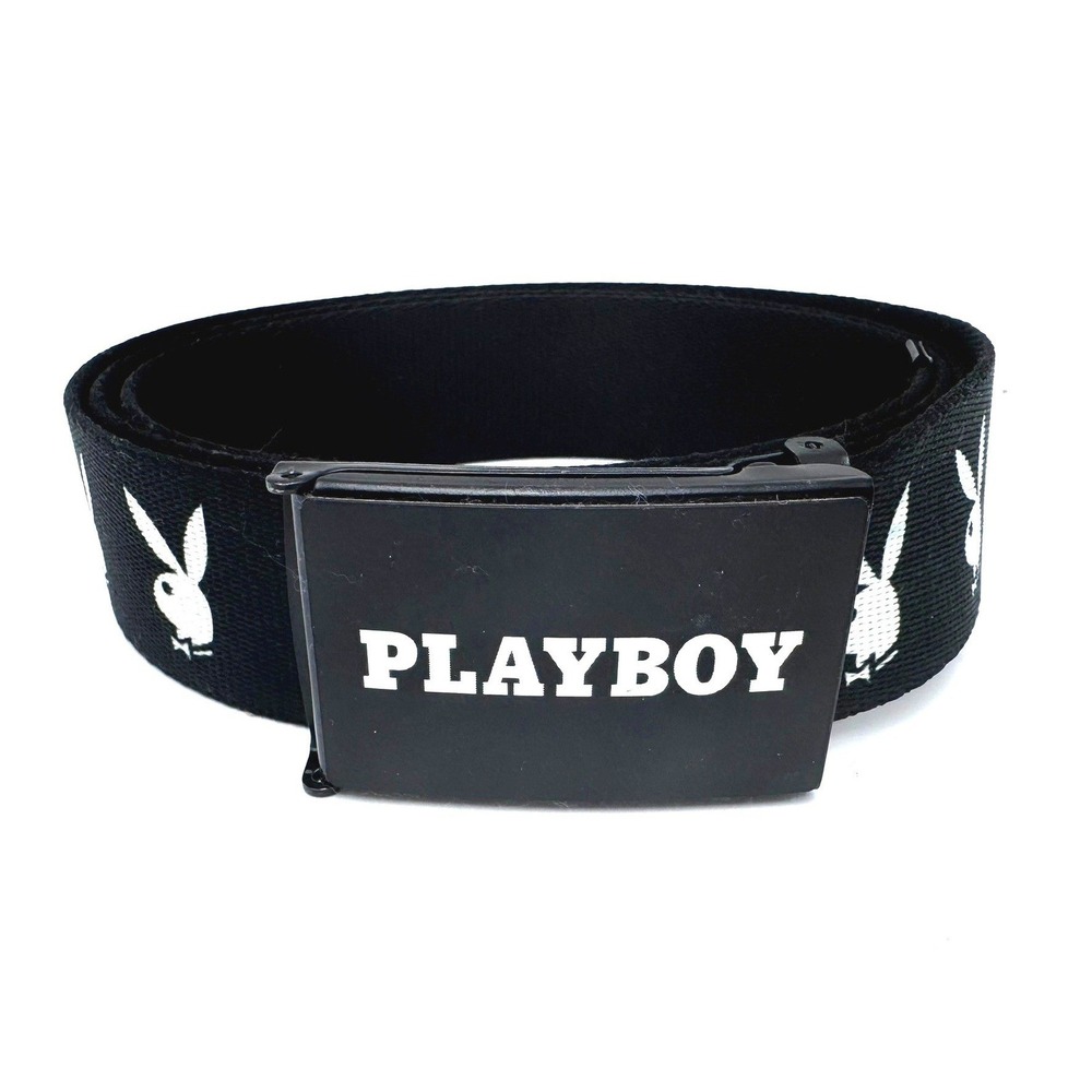 PLAYBOY Men's Black Web Belt Bunny Logo Canvas Adjustable Flip Top Buckle 53"